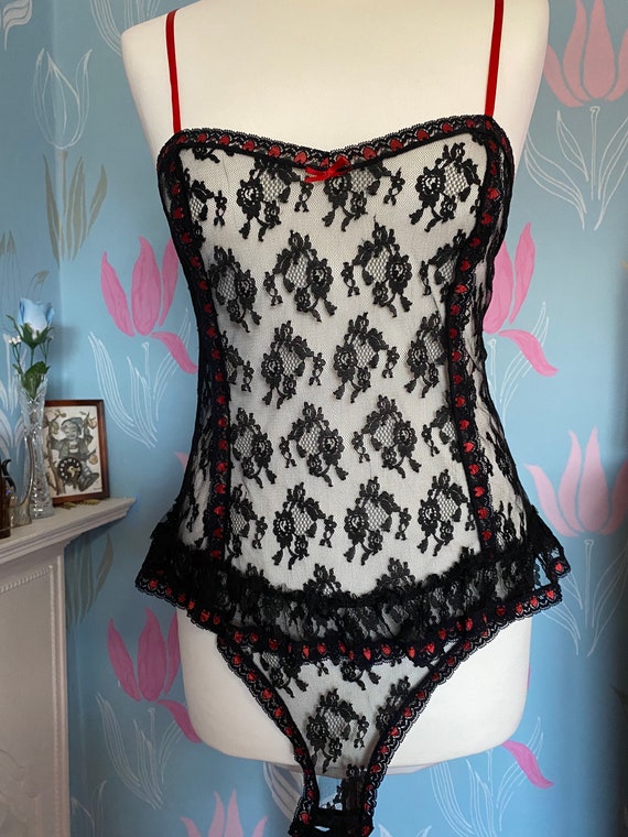 Vintage C. 1970s, 1980s Black Lace Teddy From Brettles With Red