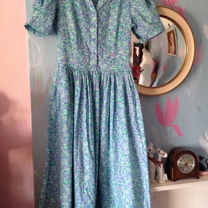 Vintage 1980s, 1990s Turquoise Cotton Dress by Emily Milsom of Norwich. Dropped Waist, Summer Dress image 8