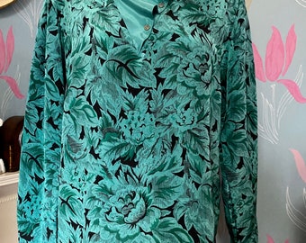 Vintage 1980s Emerald Green Silky Floral Blouse