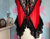 Vintage c. 1980s, 1990s Close Things Red Nylon and Black Lace Corselet, Basque, Camisole. Lingerie, Underwear, Shapewear, Glamour, Pin-Up.