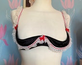 Vintage Black with Red Ribbon & White Lace Underwired Under-Cup Bra by Babette. Brassiere, Lingerie, Underwear, Pin-Up, Glamour, Burlesque.