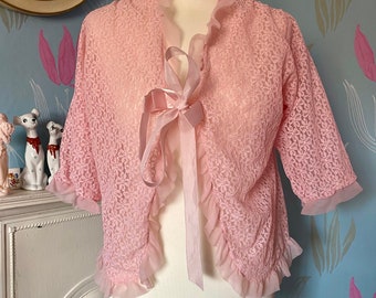 Vintage 1960s Pale Pink Nylon Lacy Bedjacket