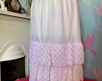 Vintage c. 1980s Delamare nylon tiered petticoat, waist slip, pink and white