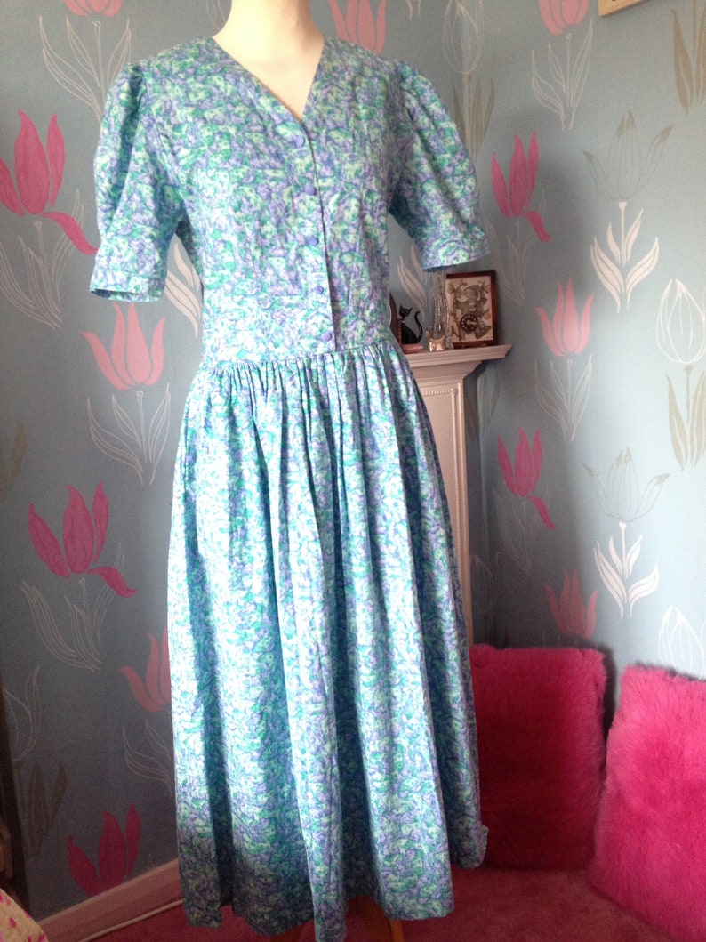 Vintage 1980s, 1990s Turquoise Cotton Dress by Emily Milsom of Norwich. Dropped Waist, Summer Dress image 1
