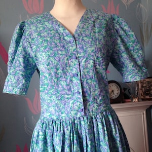 Vintage 1980s, 1990s Turquoise Cotton Dress by Emily Milsom of Norwich. Dropped Waist, Summer Dress image 5