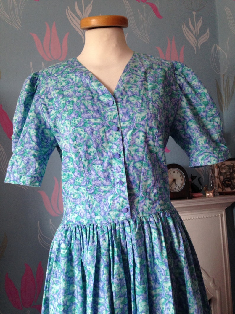 Vintage 1980s, 1990s Turquoise Cotton Dress by Emily Milsom of Norwich. Dropped Waist, Summer Dress image 5