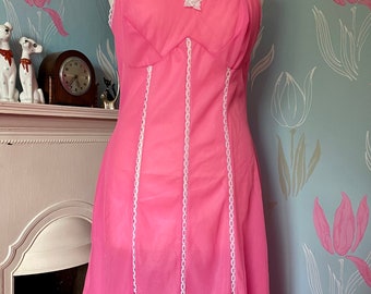 Vintage 1960s, 1970s Bubblegum Pink nylon full slip, petticoat. Lingerie, lounge wear, underwear.