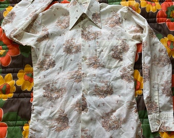 Vintage 1970s Men’s Polyester Patterned Long- Sleeved Shirt, Brown and Beige
