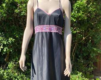 Vintage 1960s, 1970s Black Full Nylon Slip with Pink & Purple detail, Petticoat, Lingerie, Underwear