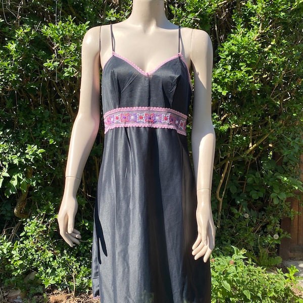 Vintage 1960s, 1970s Black Full Nylon Slip with Pink & Purple detail, Petticoat, Lingerie, Underwear