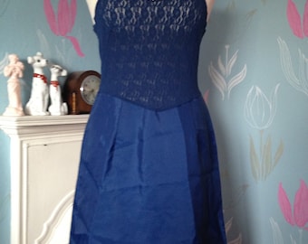 Vintage 1960s, 1970s Navy Blue Full Slip, Petticoat. Lingerie, Underwear, Lace, Pink Rosebud.