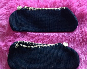 Vintage 1960s Slipperettes, Black and Gold, Travel Slippers, Unworn