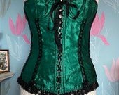 Vintage 1970s, 1980s Emerald Green and Black Corset, Lingerie, Shapewear, Underwear, Pin-Up, Glamour
