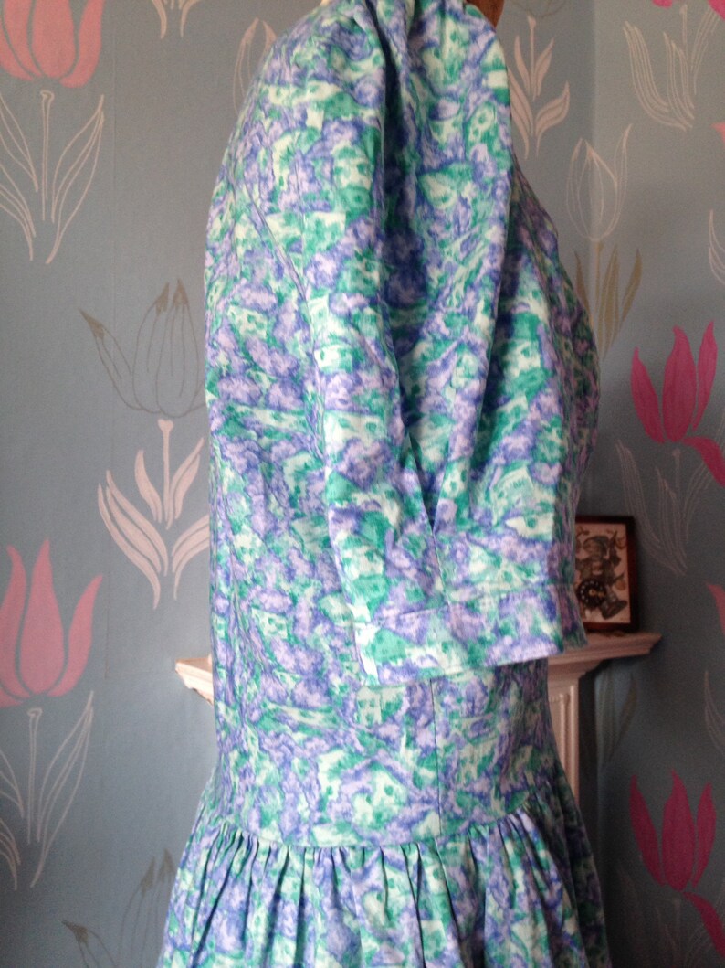 Vintage 1980s, 1990s Turquoise Cotton Dress by Emily Milsom of Norwich. Dropped Waist, Summer Dress image 3