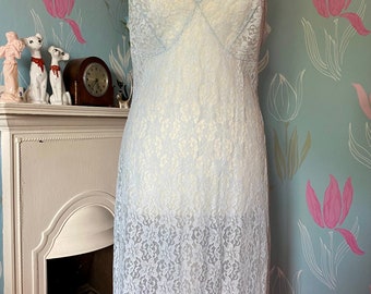 Vintage 1960s pale blue lace  nylon full slip, petticoat. Lingerie, lounge wear, underwear, St Michael.