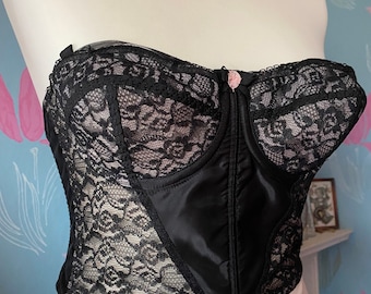 Vintage 1950s St Michael classic longline black bra, bones & underwired. Lingerie, underwear, brassiere, Pin-Up. Size 38.
