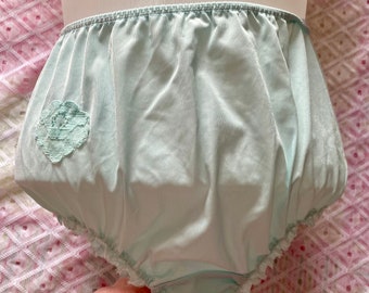 Vintage 1970s Pale Turquoise Blue Nylon Pants with Floral Motif, Panties, Knickers, Lingerie, Underwear from Charnos