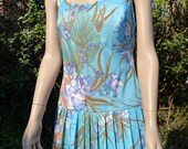 Vintage 1960s, 1970s Bright Floral One Piece Swim Suit in Blue and Green, Bathing Costume, Beach Wear, Summer Holiday, Sports, Slix.