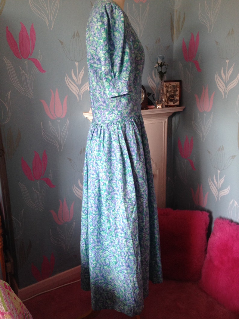 Vintage 1980s, 1990s Turquoise Cotton Dress by Emily Milsom of Norwich. Dropped Waist, Summer Dress image 2