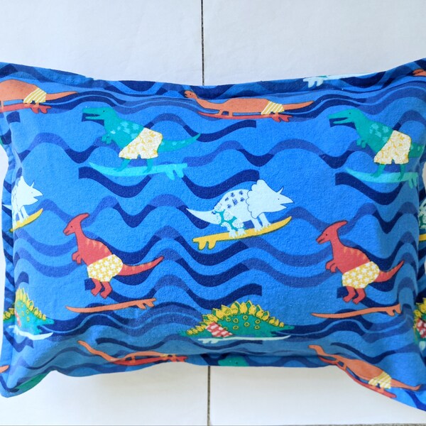 Dinos Surfing Flannel Toddler Pillow Case/ Kid Pillow Case/ Child Pillow Case/ Travel Pillow Case/ Boy Pillow Case (13" X 19" and 14" X 20")