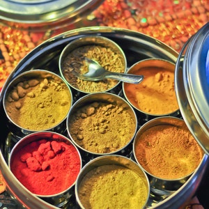 Masala Dabba or Indian Spice Tin with ground spices image 2