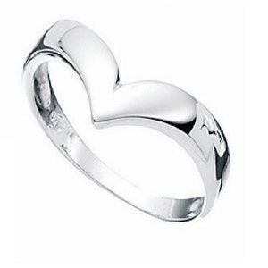 May include: A silver ring with a V-shaped design. The ring is smooth and polished.
