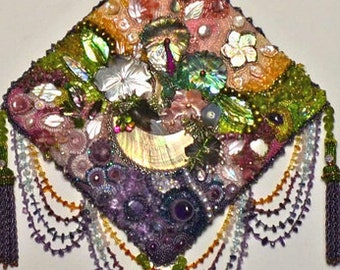 Bead Embroidery Tapestry, Floral Theme Wall Hanging, Colorful Beaded Bowl Of Flowers, Enchanting Gemstones Pearls Shell, OOAK Original Art