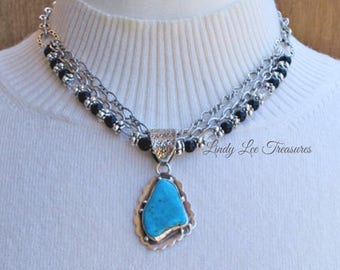 Genuine Turquoise Necklace Gemstone Necklace Black Onyx With Cracked Crystal Quartz & Turquoise Slab Multi-Strand Silver Necklace
