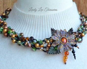 Pearl and Crystal Necklace in Fall Colors with Bead Woven Lotus Flower Pendant and Swarovski Earrings Gorgeous Orange Brown Black Green Gold