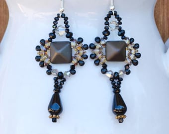 Black Onyx Gemstone Earrings with Bronze Czech Pyramid Beads Faceted Crystals Classy Drop and Dangle Earrings for Women Black & Brown