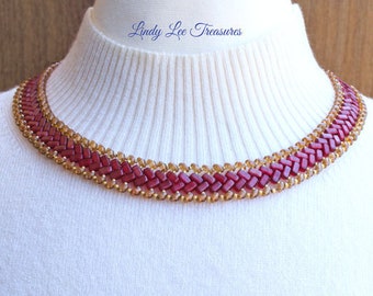 Hand Woven Necklace in Red and Gold Czech Glass Beads with Coordinated Earrings, Simple and Stylish Design, OOAK One of a Kind