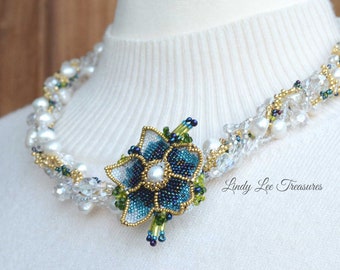 Ombre' Flower Pendant, 6-Strand White Pearl, Clear Crystal and Gold Bead Braided Necklace, Swarovski Earrings, White, Blue Green Gold