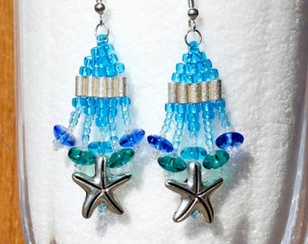 Nautical Earring Beach Earring Aqua Earring for Women Starfish Earring Blue and Silver Earring Ocean Earring Dangle Fringe Earring