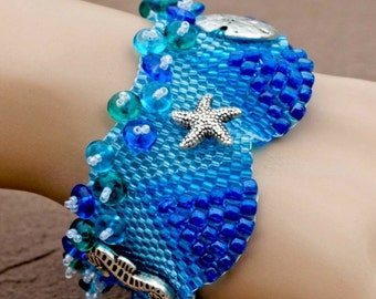 Nautical Design Beach Bracelet Aqua Bracelet for Women Sea charms Bracelet Blue and Silver Bracelet Ocean Bracelet Peyote Bracelet