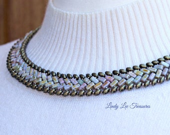 Czech Beaded Necklace and Earring Jewelry Set Handmade Herringbone Weave Choker with Mandala Style Earring Beaded Glass & Pearl Jewelry