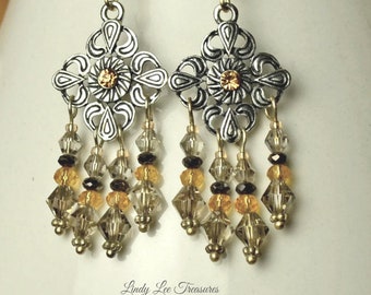 Chandelier Earrings, Cowgirl Earrings, Silver and Crystal Dangle Earrings, Gray Gold Black Silver Earrings, Southwest Style Earrings