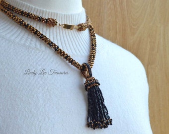 Elegant Bronze and Black Necklace with Tassel Pendant and Earrings, Crystals and Seed Bead Woven Long Necklace Handmade Hoop Earrings