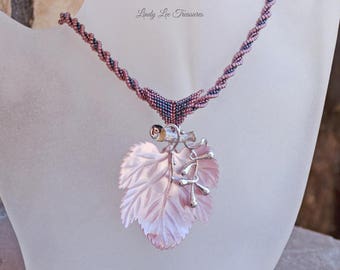 Pink Mother of Pearl Carved Leaf and 925 Silver Pendant on Hand Woven Spiral Beaded Chain Pendant and Necklace Set Perfect Valentines Gift