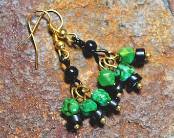 Earrings Black with Green Turquoise and Black Gemstones, Wire Wrap Earrings with Dangle Charms, Green Black Gold, Minimalist Youthful Design