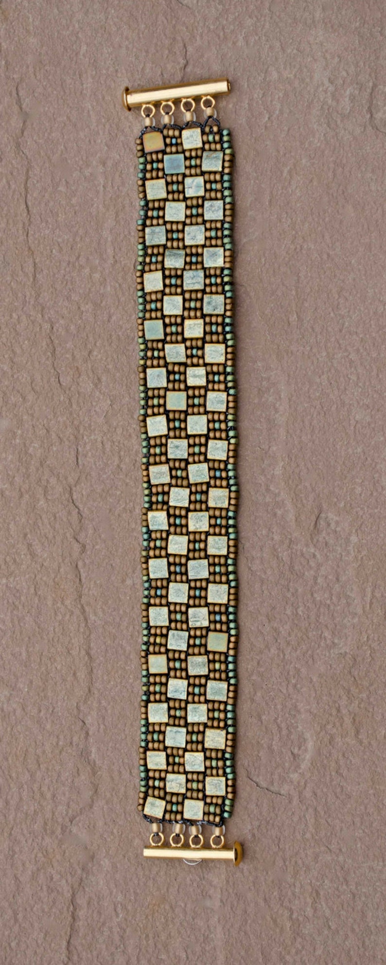 Metallic Patina and Bronze Art Glass Flexible Cuff Beadwork Bracelet Modestly Beautiful! Hand Woven Bracelet Checkerboard Cuff