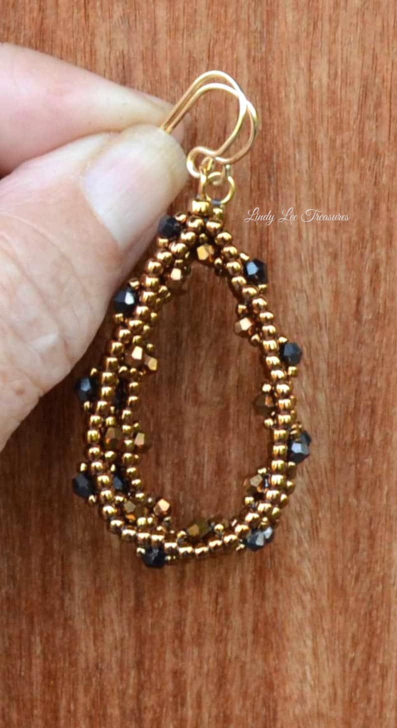 Elegant Bronze and Black Necklace with Tassel Pendant and Earrings Crystals and Seed Bead Woven Long Necklace Handmade Hoop Earrings