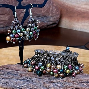 Earrings Jewel Tone Pearls Woven with Smoky Crystals and Japanese Seed Beads image 9