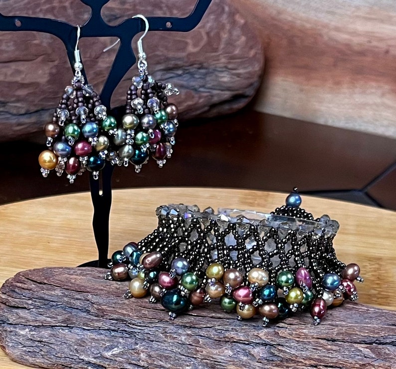 Earrings Jewel Tone Pearls Woven with Smoky Crystals and Japanese Seed Beads image 9