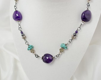 Necklace Amethyst Hematite Turquoise Wire Wrap Necklace Multi-Gemstone Gun Metal Chain Necklace Long Necklace Aqua Purple Gray Necklace