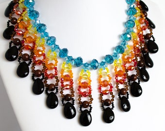 Gemstone Necklace Black Onyx Mahogany Obsidian Vibrant Crystal Ombré Sunrise Theme Fringe Choker Necklace Black Brown Rainbow Necklace