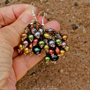 Earrings Jewel Tone Pearls Woven with Smoky Crystals and Japanese Seed Beads image 7