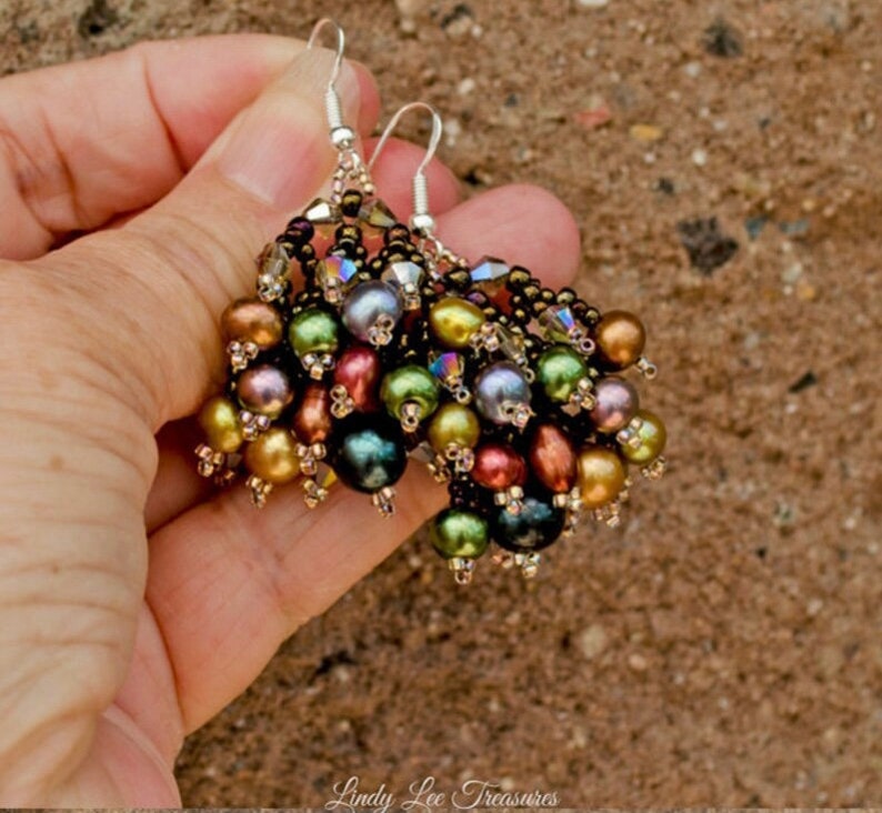 Earrings Jewel Tone Pearls Woven with Smoky Crystals and Japanese Seed Beads image 7