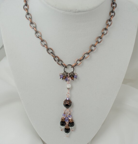 Gemstone Necklace Black Onyx Quartz Fire Agate Swarovski - Pink Fire Quartz Pendant Gemstone Necklace Black Onyx Quartz Fire Agate Swarovski - Pink Fire Quartz Pendant