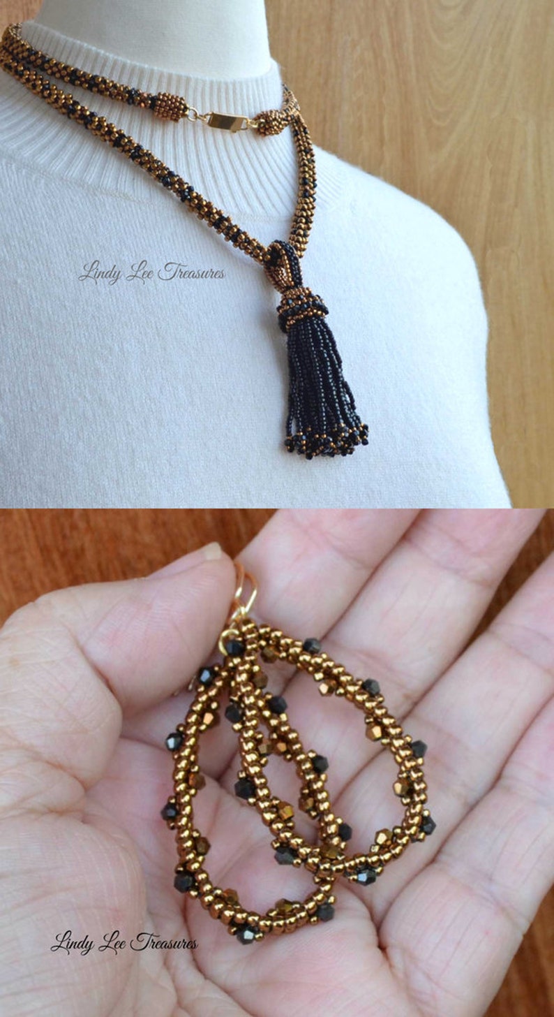 Elegant Bronze and Black Necklace with Tassel Pendant and Earrings Crystals and Seed Bead Woven Long Necklace Handmade Hoop Earrings