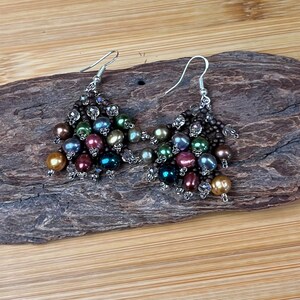 Earrings Jewel Tone Pearls Woven with Smoky Crystals and Japanese Seed Beads image 4